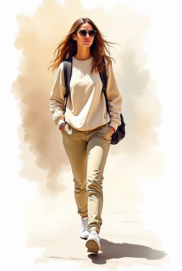 A loose watercolour illustration of woman with long flowing hair, wearing sunglasses and a beige sweatshirt paired with beige pants. She has a backpack slung over one shoulder and is wearing white sneakers. The woman appears to be walking, with her shadow cast on the ground behind her. The background is abstract watercolour, with hints of beige and brown, possibly suggesting an urban setting., painting