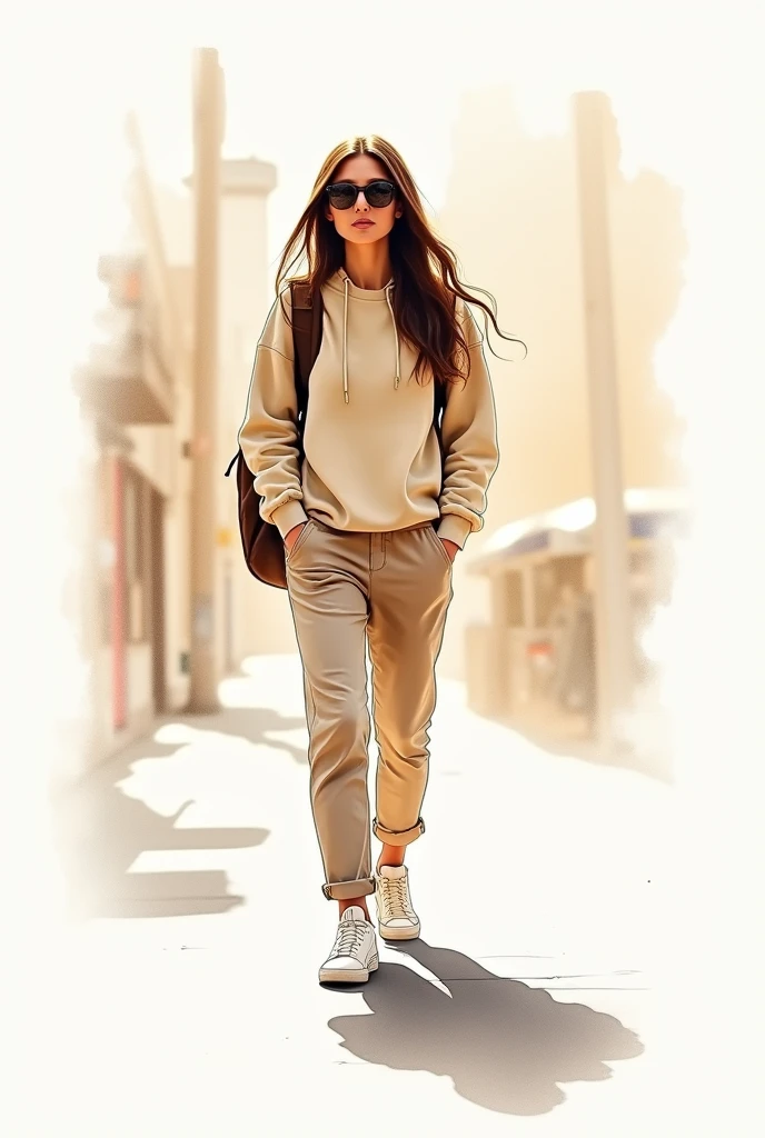 A loose watercolour illustration of woman with long flowing hair, wearing sunglasses and a beige sweatshirt paired with beige pants. She has a backpack slung over one shoulder and is wearing white sneakers. The woman appears to be walking, with her shadow cast on the ground behind her. The background is abstract watercolour, with hints of beige and brown, possibly suggesting an urban setting., painting