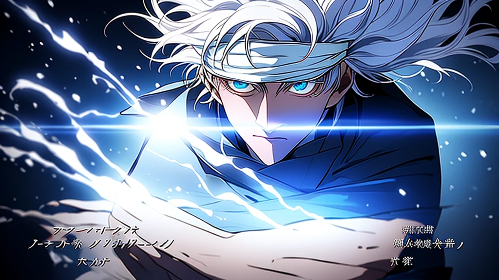 full body angle, realistic photography, canon EOS 5D, Japanese animation Jujutsu Kaisen, Satoru Gojo, Light Blue Eyes, White hair,A character with white hair and a blindfold over their eyes, lifting the blindfold slightly with one hand to reveal a single blue eye, I'd like to transform it into a real person, live-action style, set in a realistic environment
