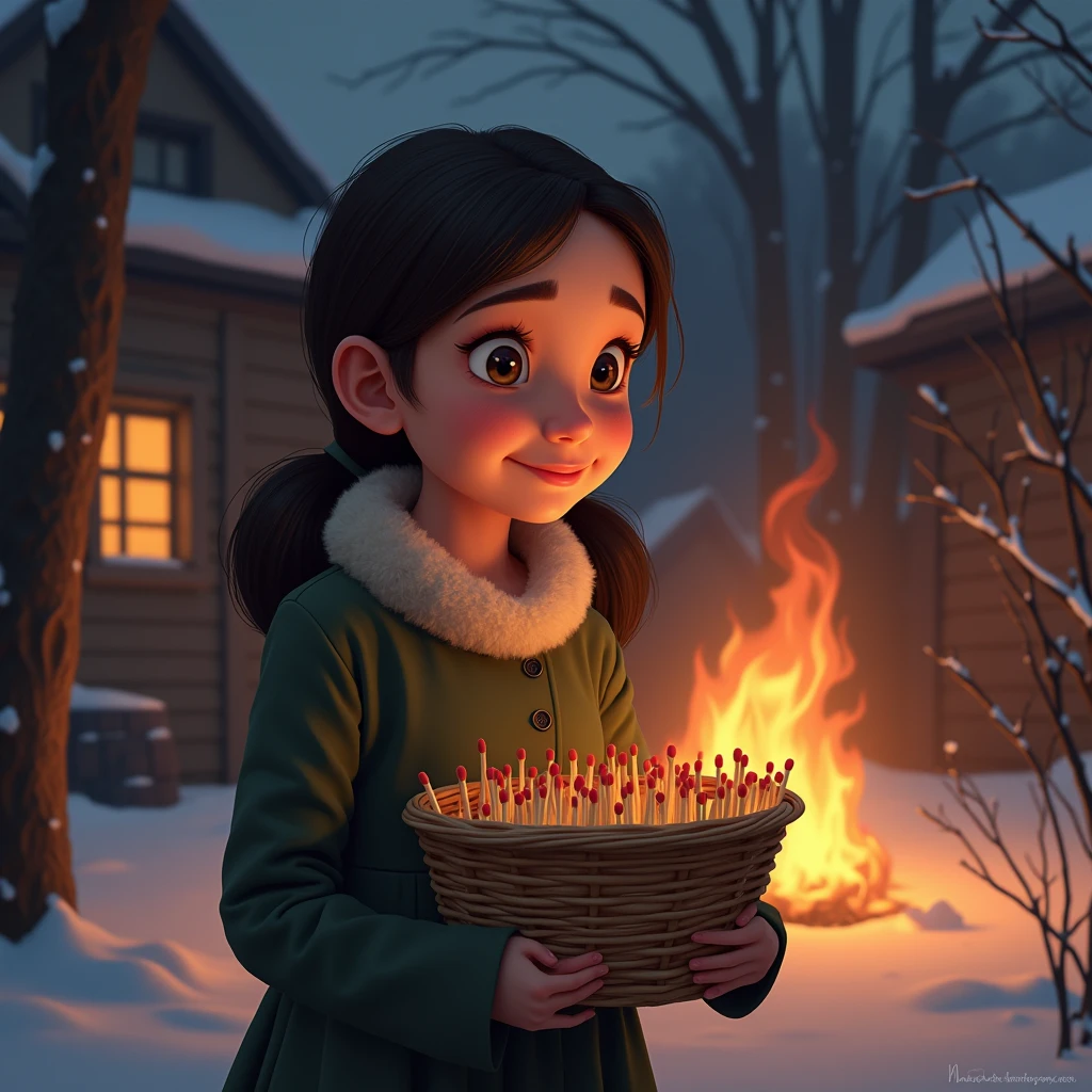 masterpiece、Genuine、Delicate animation illustrations、Funny and crazy。Cinematic lighting、19th century、European winter night、Selling matches、She set the house on fire with a match、Burning House、Fugitive々、girl on fire、A satisfied smile。In her arms she holds a basket of matchboxes