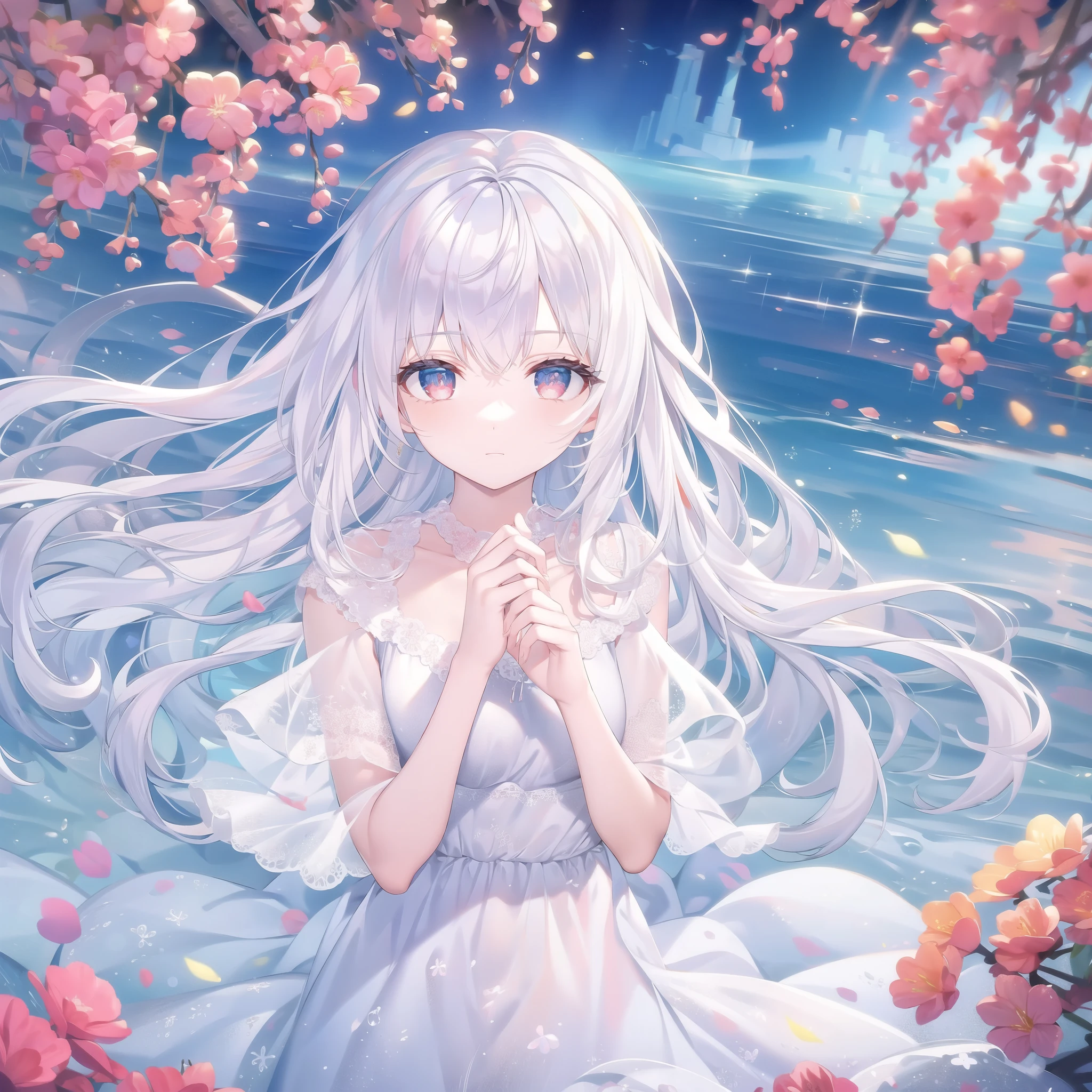 ((masterpiece, best quality))++, Detailed lighting+, Detailed hair+, Detail hand+ ,1 girl, Miss, Long hair, Crimson eyes, beautiful eyes, young white hair,,(Beautiful white hair:1.5),(Beautiful and delicate eyes), high resolution+,glass tint, Reflective eyes, {{angle}} , Very detailed wallpaper, The original, Air bangs,Extremely beautiful CG,Firefly,Nature,ocean