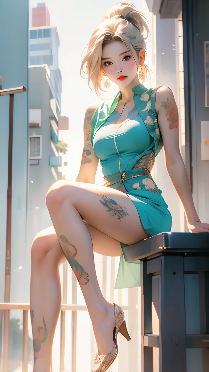Android 18 from Dragon Ball,Colorful gradient short hair half covering the face,Exquisite facial features,Perfect face shape,Anime style face,Smile,Printed vest,Fashion长裙,Fashion,Large Breasts:1.4,City background,Full body tattoo,Beautiful tattoos:1.4 , masterpiece, best quality, Extremely detailed,Black high ponytail: 1.5, Long legs, Smooth legs without any wrinkles。 dress, Slim waist, Thin waist: 1.7,Ultra-realistic 8k CG, masterpiece, ((Ultra detailed background, Exquisite pattern, Intricate details)), (Very detailed, Fine details), best quality,