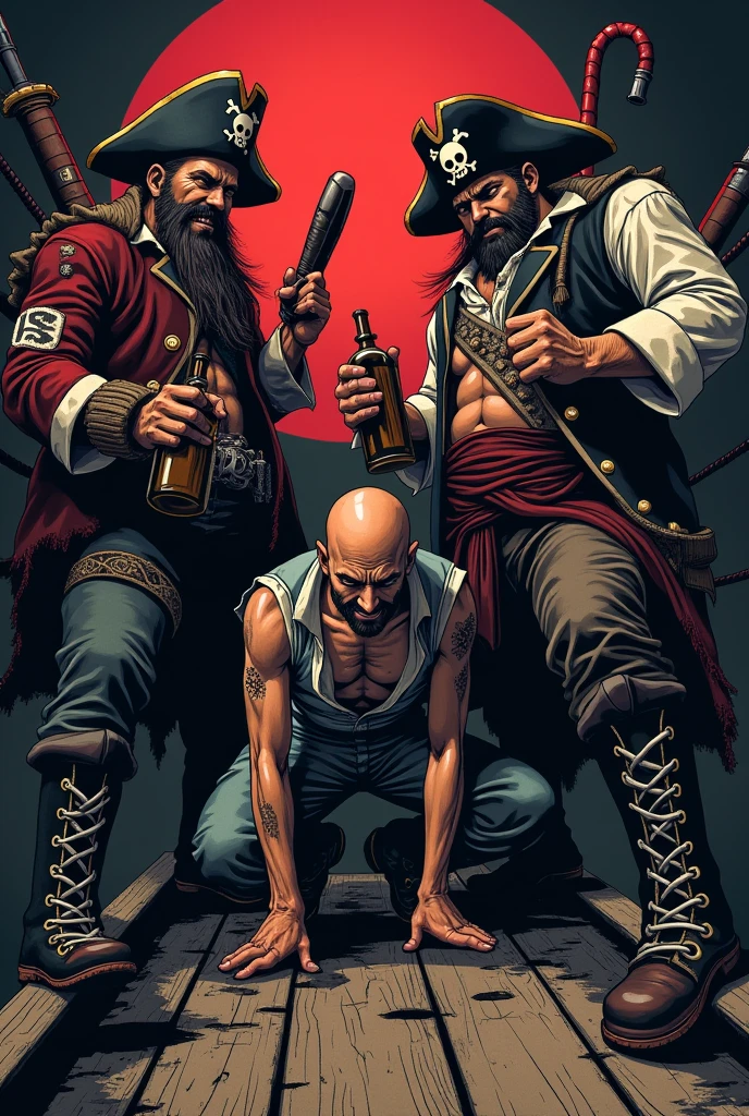 Draw a picture of the pirates letting a Nazi walk the plank. The combat boots should have white laces and should be on the front of the boots, not behind! Das ganze im One Piece Anime Style, the pirates are said to be drunk and have sabres and rum bottles in their hands, They should also have beards. The Nazi is said to be bald and to have wet his pants and to look pathetic and to be tied up. The picture should be kept dark with lots of black and red tones, the pirates should not wear combat boots. The picture should be good for a t-shirt motif