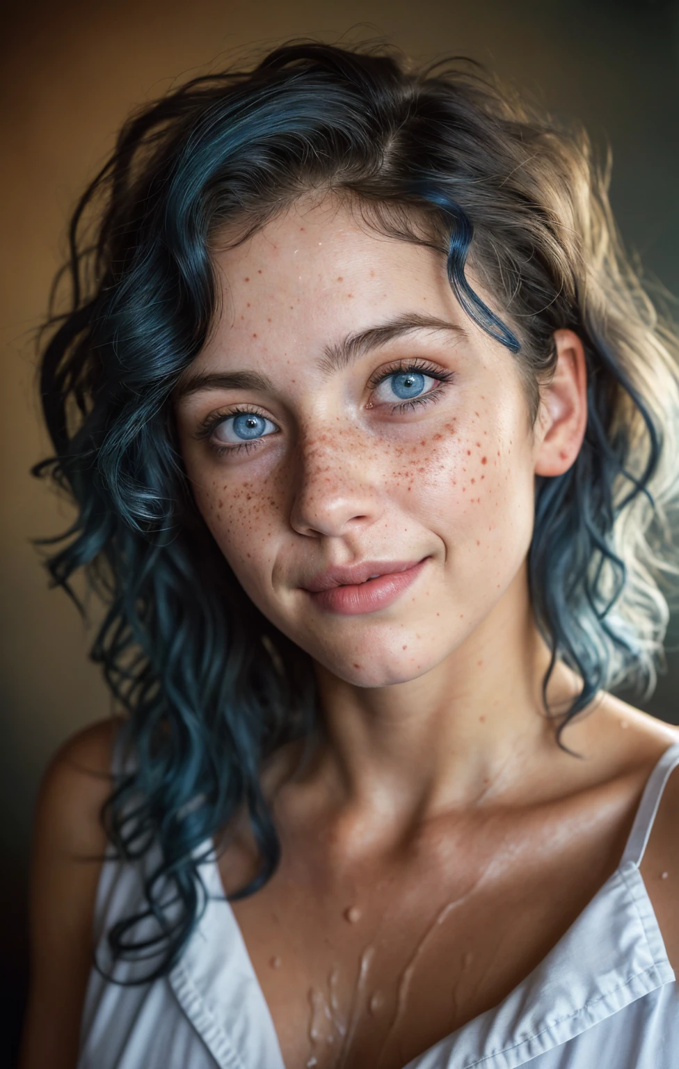 (Close-up, editorial photograph of a 21 year old woman), (highly detailed face:1.4) (smile:0.7) (background inside dark, moody, private study:1.3) POV, by lee jeffries, nikon d850, film stock photograph ,4 kodak portra 400 ,camera f1.6 lens ,rich colors, hyper realistic ,lifelike texture, dramatic lighting , cinestill 800, wavy hair, messy hair, short hair, curls, Silly smirk, Blue hair, Blue Eyes, freckles, White Skin, Military Uniform, Astral Plane, American expressions, American woman, American skin, Athletic body, Wet Hair, selfie