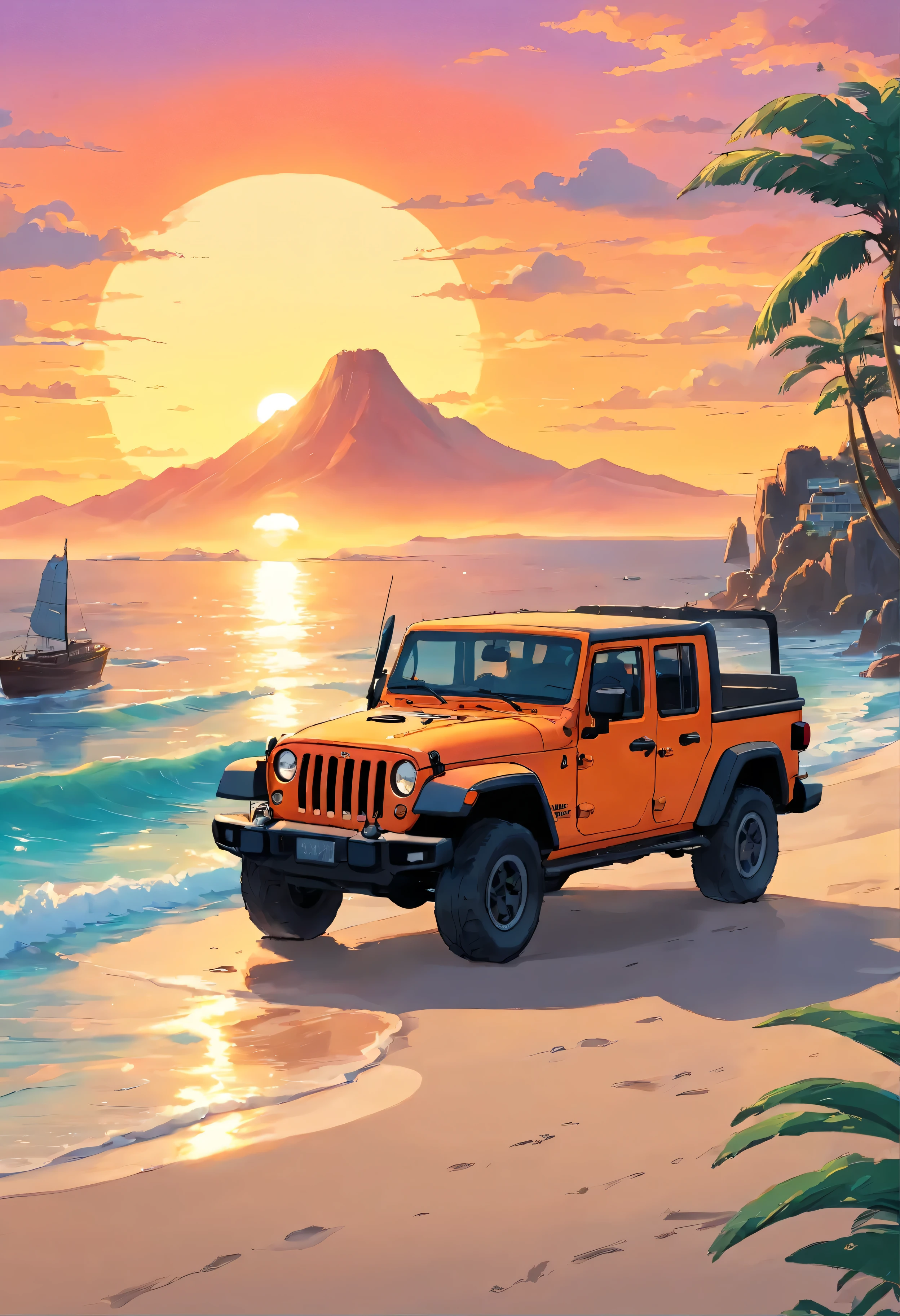 sticker design, Jeep Gladiator Gravity, Sunset background, palmeiras, 5 layers of color, Beach by the sea,