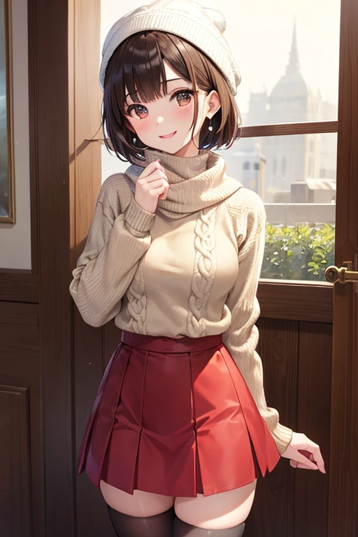 anegasaki nene、Shiny brown hair, short hair, (Beautiful brown eyes、Sparkling eyes, Fine grain)、smile、Ultra-detailed eyes、Highly detailed face, Highly detailed eyes,


1 person, 
(masterpiece:1.4)、(highest quality:1.4)、Ultra-high resolution、Beautiful Features、20-year-old woman、Short Bob、Earrings、Knitted hat、Beige sweater、scarf、Checked skirt、tights、Red face、smile、it's snowing、city、walk、profile、sunrise、Bust up shot