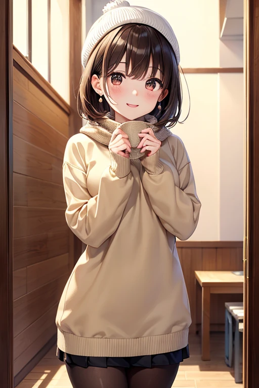 anegasaki nene、Shiny brown hair, short hair, (Beautiful brown eyes、Sparkling eyes, Fine grain)、smile、Ultra-detailed eyes、Highly detailed face, Highly detailed eyes,
1 person,
(masterpiece:1.4)、(highest quality:1.4)、Ultra-high resolution、Beautiful Features、20-year-old woman、Short Bob、Earrings、Knitted hat、Beige sweater、scarf、Checked skirt、tights、Red face、smile、it's snowing、city、walk、profile、sunrise、Bust up shot