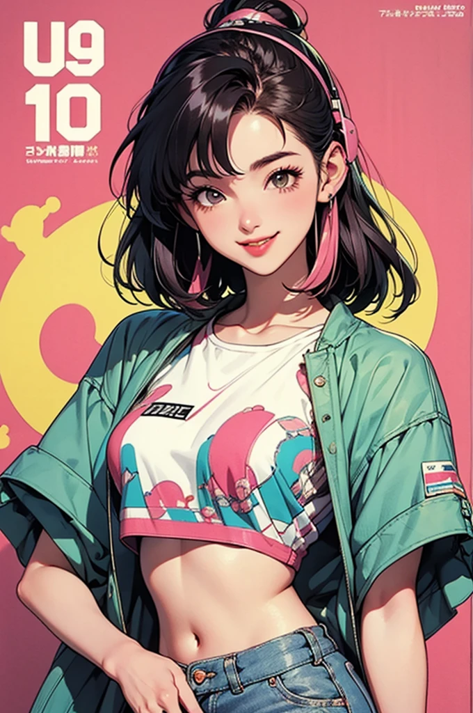 woman, 90's, retro, crop top,graphical design,
Harajuku fashion in the 1990s、Animation illustrations from the 1990s、smile、Looking forward、front、Watching the audience、Bob Hair、Magazine cover style、、Headphones