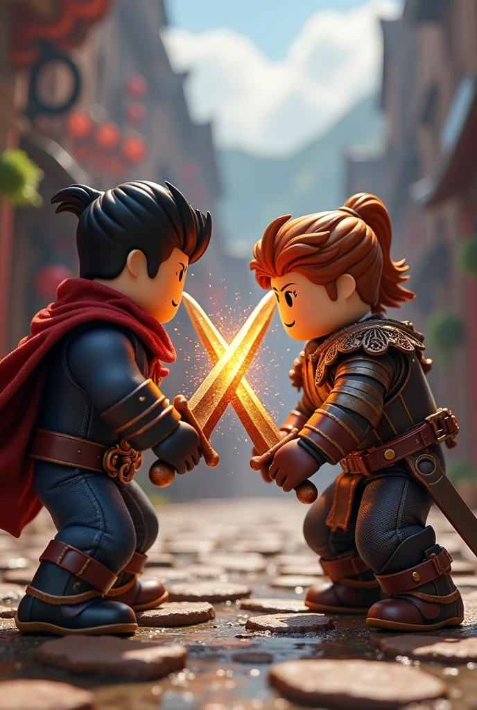 Make two realistic roblox dolls fighting with swords
