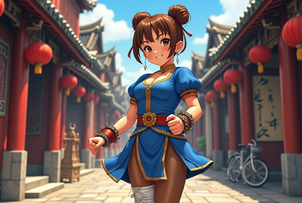 Anime realism, A movie poster depicting 1girl, a female fighter (Chun li a little chubby, cute smiling, huge eyes, (a bit curvy, small breasts, round ass, (short sized torso), medium mouth, very thick lips, almond-shaped eyes, chestnut hair, Gorgeous body, Beautiful large head and very symmetrical face. Very detailed clothing, street fighter, brown eyes, blue dress, ((pelvic curtain), (brown pantyhose), china dress), white cross-laced boots, bracelet, gold trim, jewelry, puffy sleeves, sash, short sleeves, side slit, spiked bracelet, spikes, double bun, hair accessories,cleavage, large nose, tan skin) in a folkloric chinese street, with the words "Street Fighter" written in large letters in the center, there's an old bicycle against the wall. Very detailed and intricate environment, 