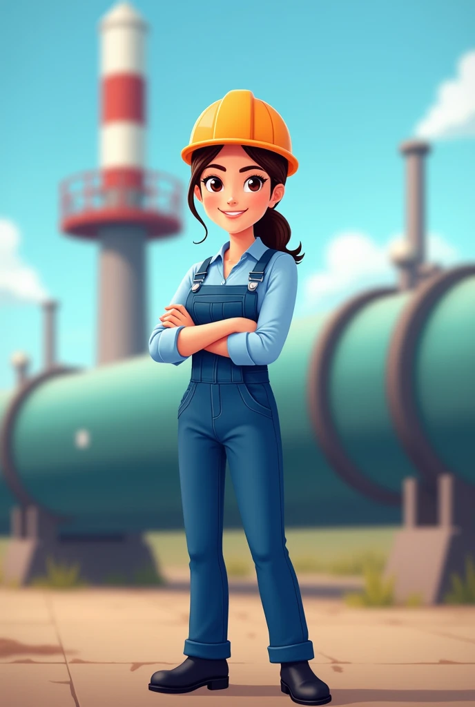 Natural Gas Marketing Company,A female worker,No loose hair,Blue long-sleeved overalls,helmet,Standing,Black safety shoes,Cartoon avatar,Natural gas pipeline in the background