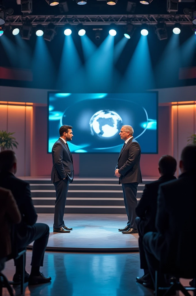 a stage where means are presented on screen, an interviewer and an interviewee are standing and an audience watching 