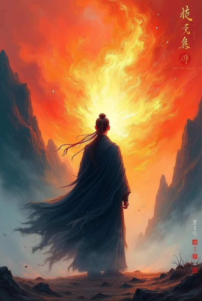 A powerful, impressionistic painting of a lone warrior standing with their back turned, facing an explosive, fiery sky. The figure is draped in flowing, dark robes that merge with the swirling colors around them, creating a sense of movement and chaos. The background is a stunning blend of fiery reds, oranges, and yellows, contrasting sharply with the cool blues and whites of the mist-covered mountains that fade into the distance on the left side. The warrior's hair is tied back, and their posture exudes a calm determination in the face of the surrounding turmoil. Delicate, vertical Chinese calligraphy lines adorn the right side of the image, adding a cultural and philosophical depth to the scene. The overall composition conveys themes of inner strength, resilience, and the beauty found in the balance between serenity and destruction. Intricately detailed, HDR, high quality.