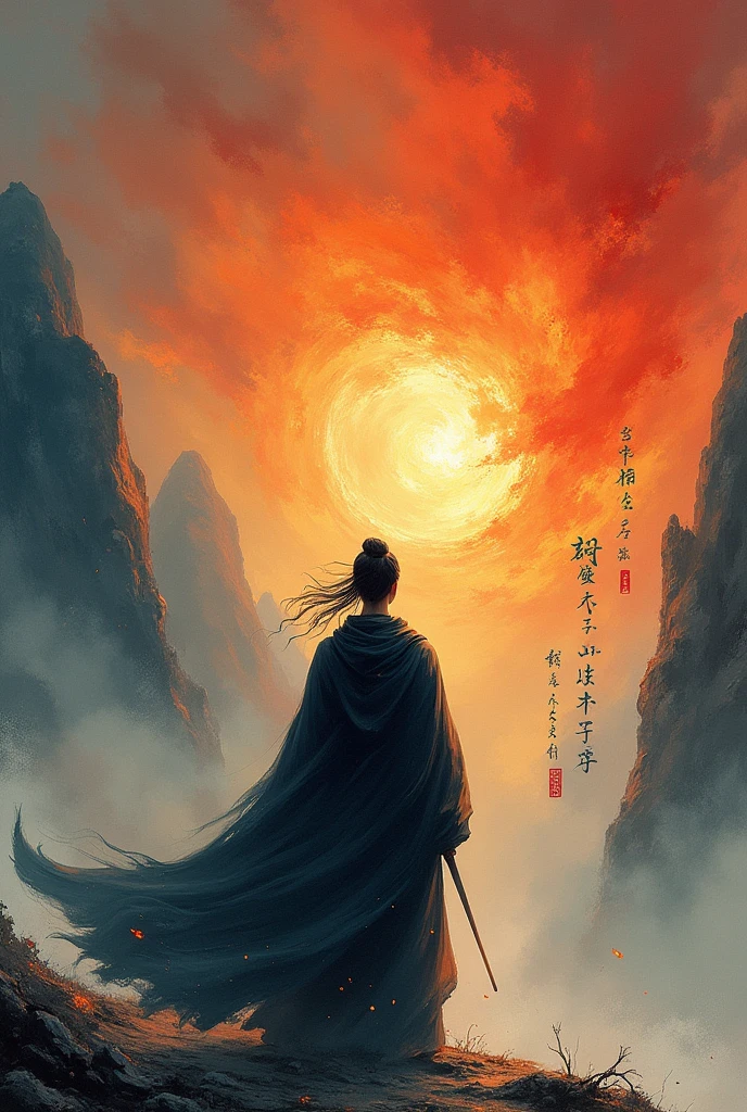 A powerful, impressionistic painting of a lone warrior standing with their back turned, facing an explosive, fiery sky. The figure is draped in flowing, dark robes that merge with the swirling colors around them, creating a sense of movement and chaos. The background is a stunning blend of fiery reds, oranges, and yellows, contrasting sharply with the cool blues and whites of the mist-covered mountains that fade into the distance on the left side. The warrior's hair is tied back, and their posture exudes a calm determination in the face of the surrounding turmoil. Delicate, vertical Chinese calligraphy lines adorn the right side of the image, adding a cultural and philosophical depth to the scene. The overall composition conveys themes of inner strength, resilience, and the beauty found in the balance between serenity and destruction. Intricately detailed, HDR, high quality.