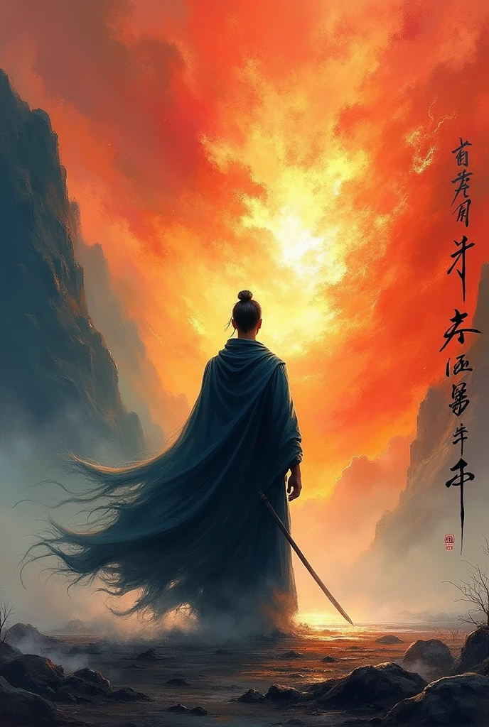 A powerful, impressionistic painting of a lone warrior standing with their back turned, facing an explosive, fiery sky. The figure is draped in flowing, dark robes that merge with the swirling colors around them, creating a sense of movement and chaos. The background is a stunning blend of fiery reds, oranges, and yellows, contrasting sharply with the cool blues and whites of the mist-covered mountains that fade into the distance on the left side. The warrior's hair is tied back, and their posture exudes a calm determination in the face of the surrounding turmoil. Delicate, vertical Chinese calligraphy lines adorn the right side of the image, adding a cultural and philosophical depth to the scene. The overall composition conveys themes of inner strength, resilience, and the beauty found in the balance between serenity and destruction. Intricately detailed, HDR, high quality.