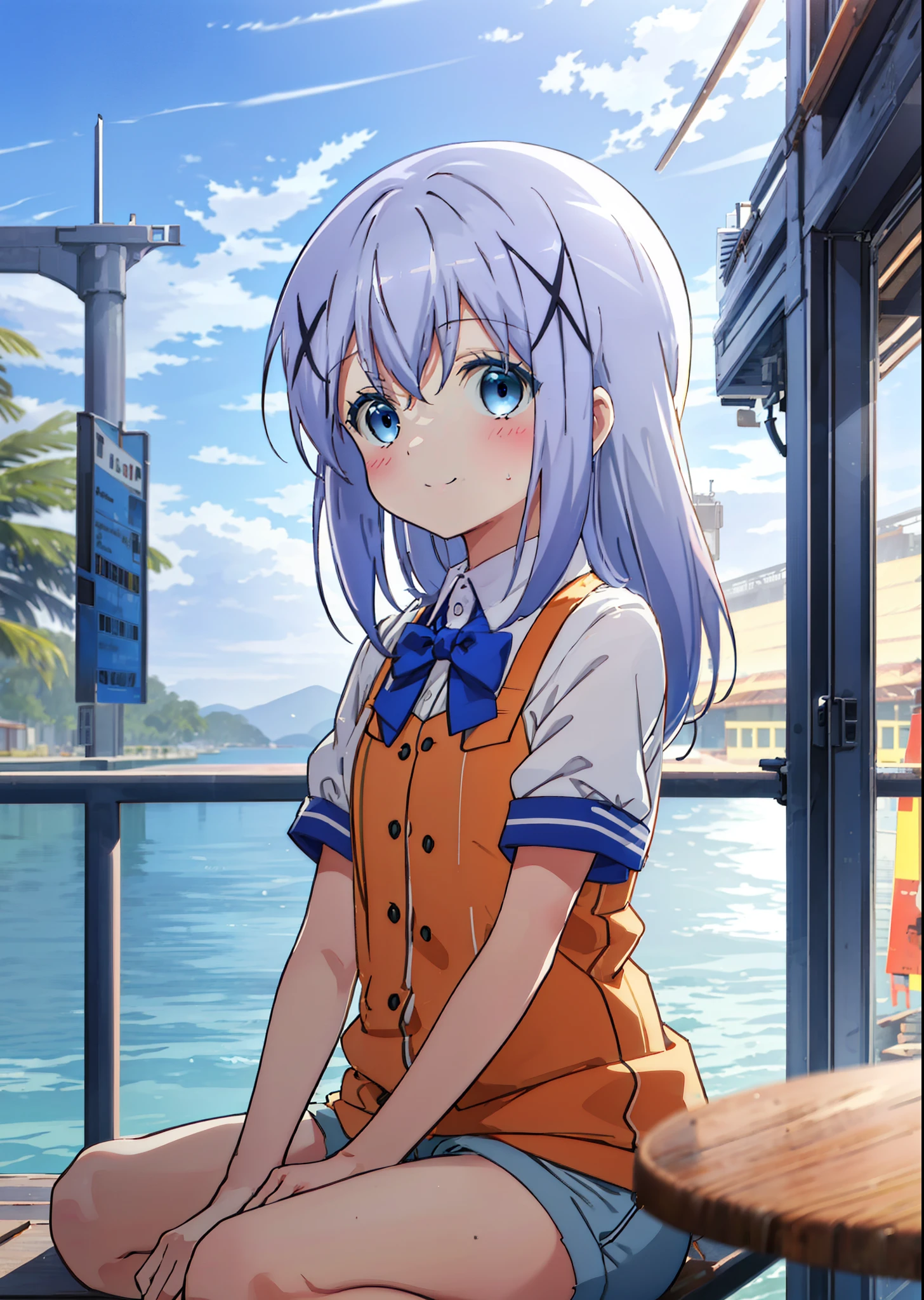 Chino Kafuu, Is the order a rabbit,Short-sleeved uniform,evening,Sunset sky,Seaside,orange clouds,Check it out, long hair, bangs, blue hair, (Blue eyes:1.2), Blue_Shorts, sit down,sitting,Daytime,Clear skies,Palm tree,Walking,smile,Close your mouth,blush,whole bodyがイラストに入るように,
BREAK outdoors, tropical,Tropical,Coastal Road,
BREAK looking at viewer, whole body,
BREAK (masterpiece:1.2), Highest quality, High resolution, unity 8k wallpaper, (figure:0.8), (Beautiful attention to detail:1.6), Highly detailed face, Perfect lighting, Highly detailed CG, (Perfect hands, Perfect Anatomy),