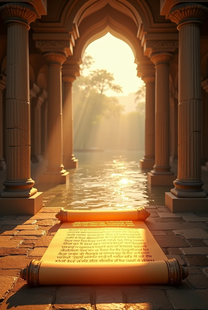 A serene, ancient temple with an open scroll at its entrance. The scroll has Sanskrit shlokas glowing softly, as rays of golden sunlight filter through the temple columns. The background features a calm river flowing, symbolizing the timeless flow of knowledge. The setting is peaceful, inviting viewers to connect with the spiritual essence of the shlokas.This visual would beautifully capture the essence of "Shlokalekha," blending ancient wisdom with a serene, natural setting.