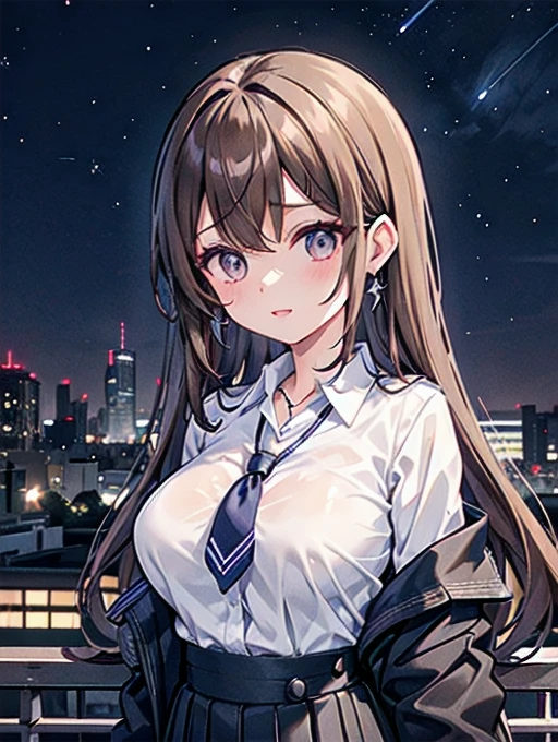 A 27-year-old adult female office worker is wearing a high school uniform..、Anime-style illustrations for men、Tokyo riverside late at night、Lob hairstyle with dark brown highlights and light brown hair、tall、Sapphire earrings and necklace、Night sky and night view、Eyes are horizontal、Fewer eyelashes、light makeup、Bosses with sisterly skin、Large Breasts
