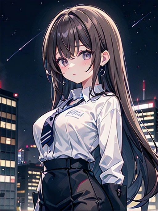 A 27-year-old adult female office worker is wearing a high school uniform..、Anime-style illustrations for men、Tokyo riverside late at night、Lob hairstyle with dark brown highlights and light brown hair、tall、Sapphire earrings and necklace、Night sky and night view、Eyes are horizontal、Fewer eyelashes、light makeup、Bosses with sisterly skin、Large Breasts