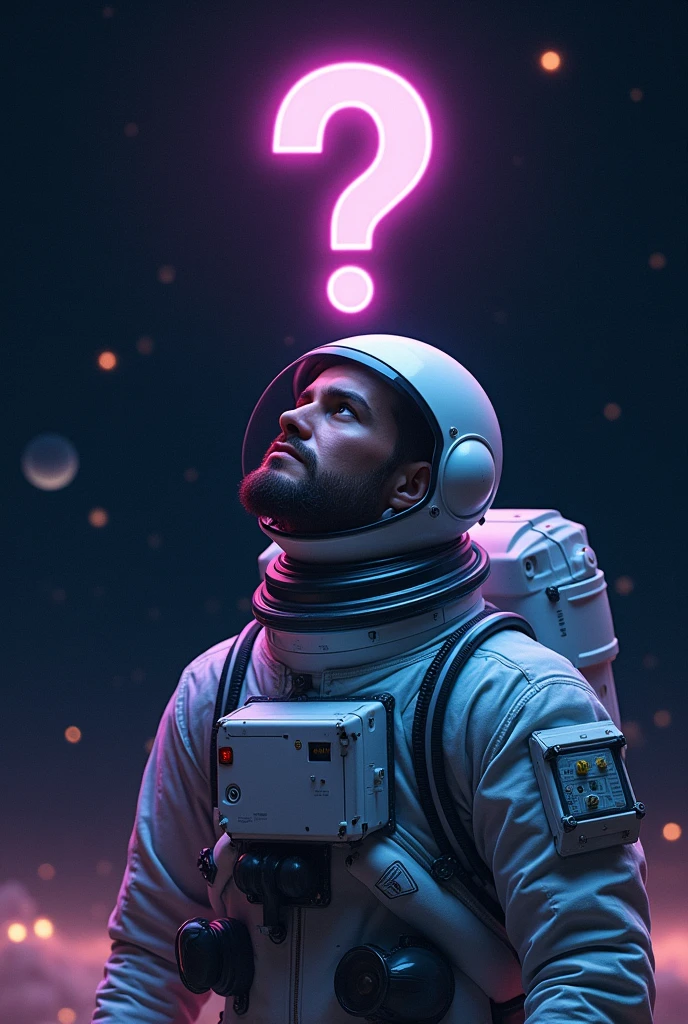 curious astronaut with a question mark in his head

