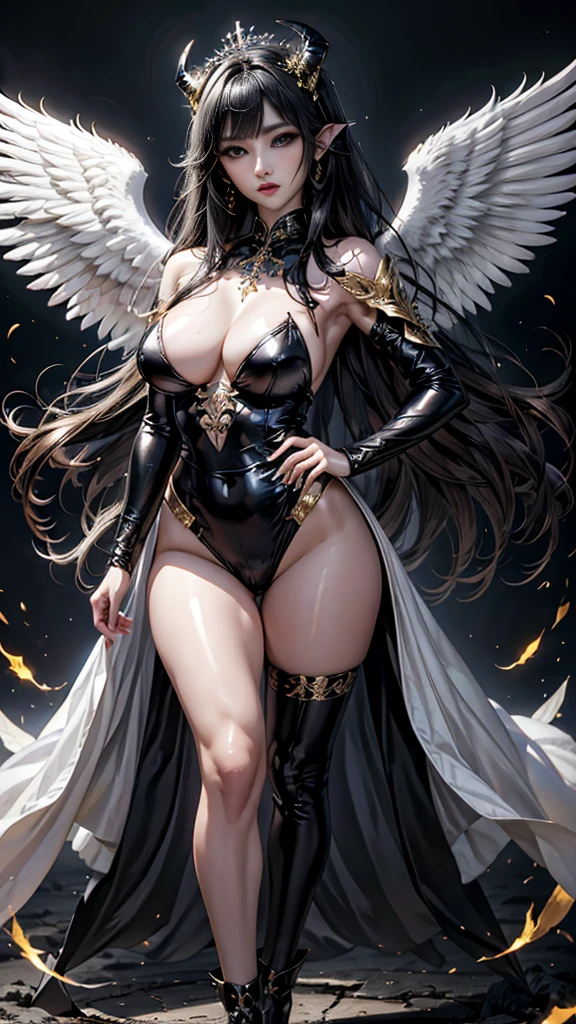 A y, tight-fitting but not revealing leather outfit that combines the perfect dynamic elements.: 1.7, Subtle tattoos: 1.6, Fine jewelry: 1.6, Highly detailed skin and facial features: 1.3, Arm and leg details, wings on shoulder, Wings of God and Demon, White and black wings, 16K realistic images, The demon god has wide wings and great power., black bat wings: 1.3, White Angel Wings: 1.5, 6 angel wings, 6 devil wings, สาวสวยlong hairสองเมตร, shiny black hair, Smooth white skinเนียน, red lips, bigmall waist, Hip lift, Long legs, Dynamic poses, Slightly concealed armor, Angel wings and devil wings, Floating above the ground, Dark background, Horns grow from the head like a crown., Light from the mountain, Wearing little armor, Sparkling wings, White and black light, 8K resolution, 4000 x 2250 pixels, Wings 100, Wings 1000, Angel wings and bats, 12 wings,รรวมกันของ 6 angel wingsและ 6 ปีกค้างคาว, long hair, Beautiful black and white tight dress with gold decorations, Embraced by twelve wings, He is white and black., Rainbow from the head, Busty breasts,erse b, dynamic gesture, Smooth white skin, Layered wings alternating black and white, Gold pattern set, ชุดเซ็กซี่รัดรูปที่มีความสมดุลระหว่างความเซ็กซี่และความสง่างาม ประกอบด้วยรายละเอียดที่น่าสนใจ เช่น รอยสักที่ประณีต เครื่องประดับที่สวยงาม และผิวหน้าที่ละเอียด มีปีกที่หลากหลาย ทั้งปีกที่เป็นสัญลักษณ์ของเทพและปีศาจ ซึ่งรวมกัน 12 ปีก แบ่งเป็น 6 ปีกของนางฟ้าและ 6 ปีกของปีศาจ ตัวละครมีlong hairสวยงามสีดำเงา Smooth white skinเนียน และมีท่าทางที่แสดงถึงพลัง เธอสวมชุดสีขาวดำที่ประดับด้วยทอง มีเขางอกออกจากศีรษะเหมือนมงกุฎ และมีแสงสว่างที่เกิดจากเขา ฉากหลังเป็นพื้นมืดที่เน้นความโดดเด่นของตัวละคร รักษาอารมณ์ที่เต็มไปด้วยพลังและความน่าอัศจรรย์ ภาพจะมีความละเอียดสูงถึง 8K และแสดงออกมาในรูปแบบที่น่าดึงดูดใจชุดเซ็กซี่รัดรูปนี้ยังมีรายละเอียดเพิ่มเติมที่น่าทึ่ง โดยยังคงสร้างบรรยากาศแห่งความน่าตื่นตาตื่นใจและความสง่างามในคราวเดียว องค์ประกอบของสัญลักษณ์ที่มีไว้สำหรับเทพและปีศาจได้รับการออกแบบมาอย่างพิถีพิถัน โดยเพิ่มความเข้มข้นให้กับภาพลักษณ์ ด้วยการใช้สีที่ตัดกันและมีชีวิตชีวาในแต่ละชั้นของปีก การโอบกอดด้วยปีกทั้งสิบสองสร้างความรู้สึกของการอยู่เหนือโลก
แสงสีขาวและดำจากปีกชั้นๆ ยังช่วยเสริมสร้างอารมณ์ให้เข้ากับบรรยากาศที่ตึงเครียด ขณะเดียวกันก็สะท้อนความงามและความกล้าหาญของตัวละครนี้ ไม่เพียงแต่มีเสน่ห