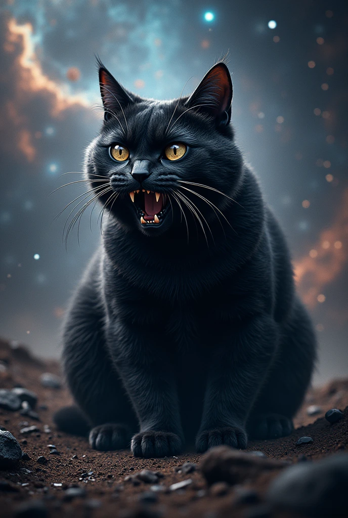 High quality super ugly black cat ultra realistic space background