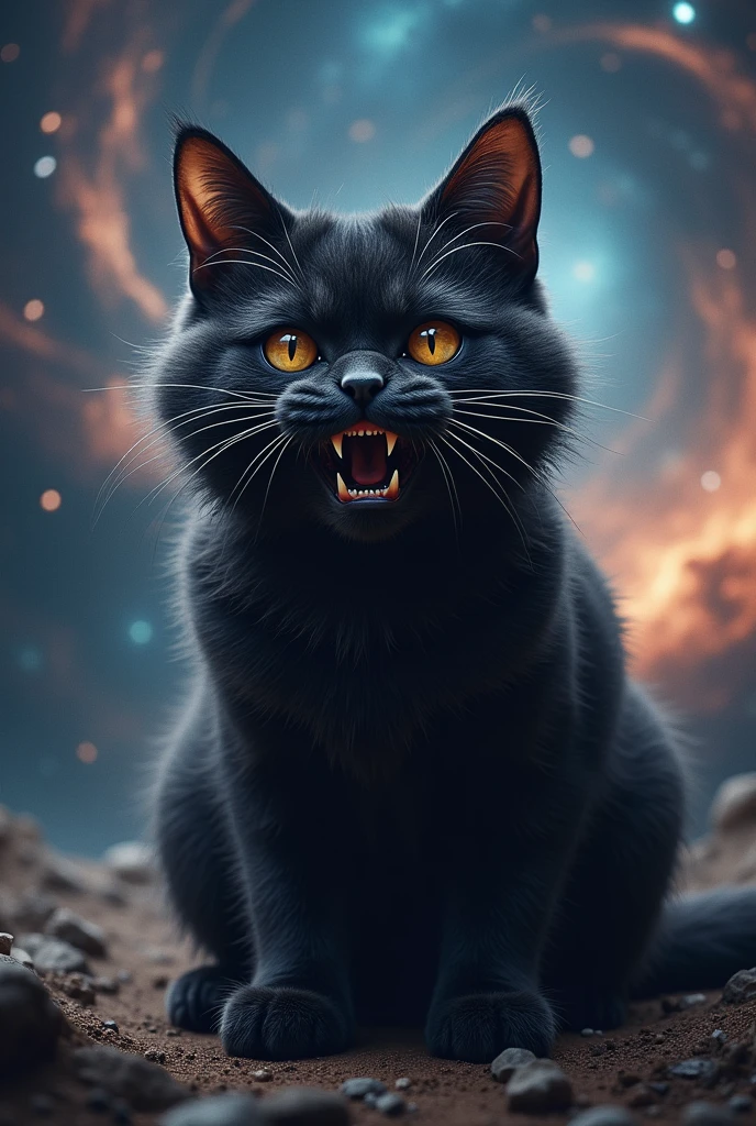 High quality super ugly black cat ultra realistic space background