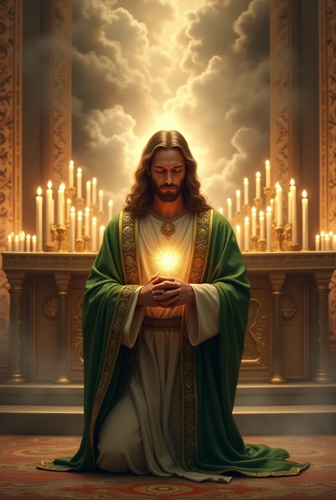 (photorealism:1.2), Crying handsomeJesus Christ, kneel praying under the altar of the priest that full of clouds and sorrounded of many candles, wearing green king clothes with light in his head and heart spreading all over, perfect five finger, long beautiful hair, indoors, soft lighting, clouds in background, beautiful light, perfect church and clouds, relaxed pose, realistic, intricate details, warm colors,