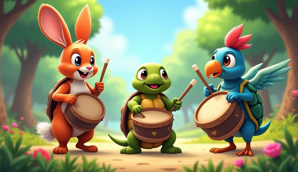 Create an image of a rabbit, turtle, and parrot, each holding a band drum and the stick used to beat it. The rabbit should be standing upright, holding the drum with both paws, and tapping it with a drumstick. The turtle should be sitting on its hind legs, with the drum resting on its belly and a drumstick in one hand. The parrot should be perched on a branch, gripping the drumstick with its beak or foot while balancing the drum on its wings or chest. The scene should be lively and playful, set in a vibrant forest clearing with trees and flowers in the background.