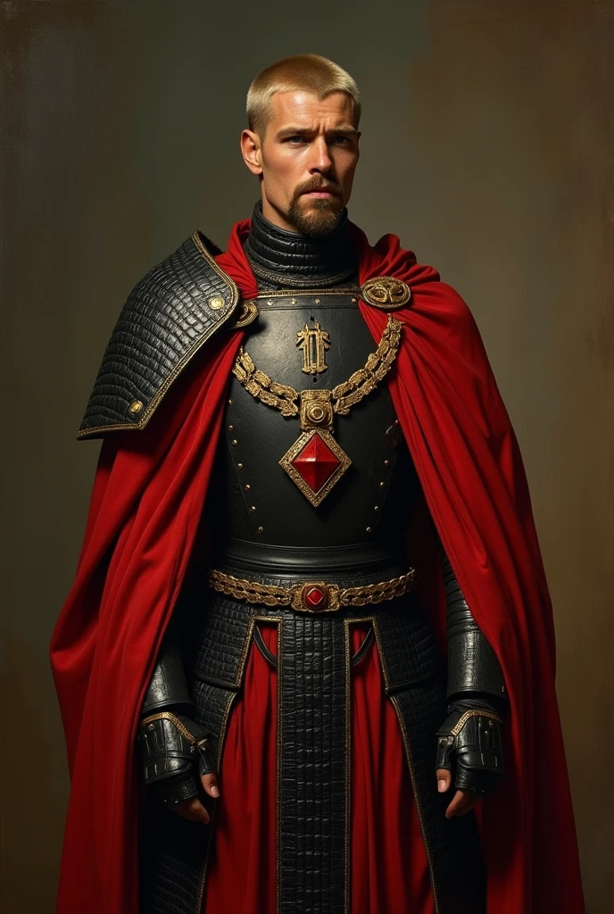 {{Masterpiece, best quality, oil painting, by Gustav Klimt, by Franz von Stuck, by Théodore Géricault, muted colors, male focus}}, (((((dramatic half body portrait of a 25 years old male ancient Emperor, solemn, valiant, upright, brown skin ,lean, blonde, smiling, goatee, buzzcut, kohl painted eyes))))). ((((he is wearing a black and red, iridescent silk draped, ronin uniform, armor lorica, made of sheen alligator leather, with Praetorian inspired elements, shogun inspired elements, wearing a large red diamond shape pendant)))).