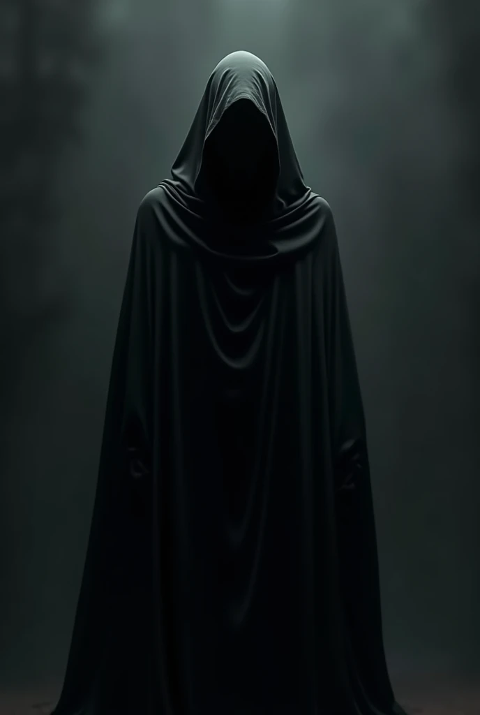 generate me an image of a mysterious person, a person with a face that is not real but a man with a hood in all black