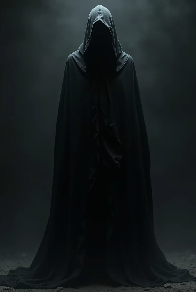 generate me an image of a mysterious person, a person with a face that is not real but a man with a hood in all black 