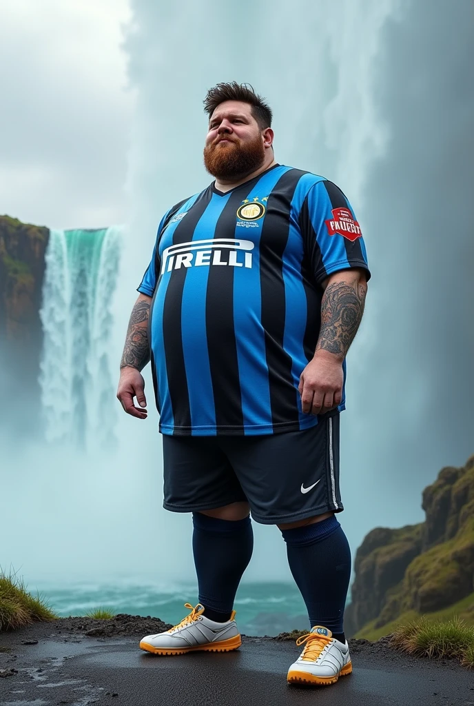 Fat Messi at Niagara Falls with the Inter Miami alternate shirt. realistic forum.