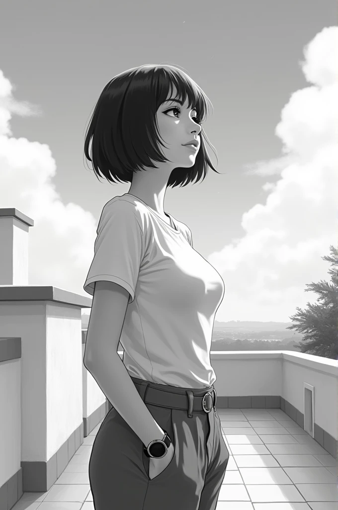 Human natural short hair or bob cut girl facing sky on the terrace wearing trousers and tshirt wearing watch. In black and white colour