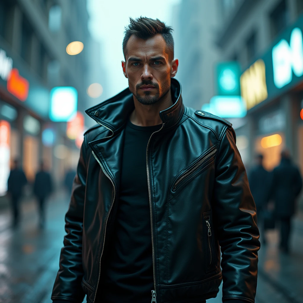 (Black Leather Jacket), In a futuristic city full of high-tech elements, a mechanical man wearing a black leather jacket is on a mission. The leather jacket combines tough lines with soft texture, and is embedded with a glowing circuit board. His gaze was firm, surrounded by cold metal buildings and holographic projection screens, presenting a cold and advanced vision of the future world. Beautiful cinematic lighting, surreal, RAW photo, color graded, dynamic movement, (captivating chiaroscuro:0.1), full body, award-winning, cinematic still, emotional, vignette, dynamic, vivid, (masterpiece, best quality, photorealistic, Professional, perfect composition, very aesthetic, absurdres, ultra-detailed, intricate details:1.3)