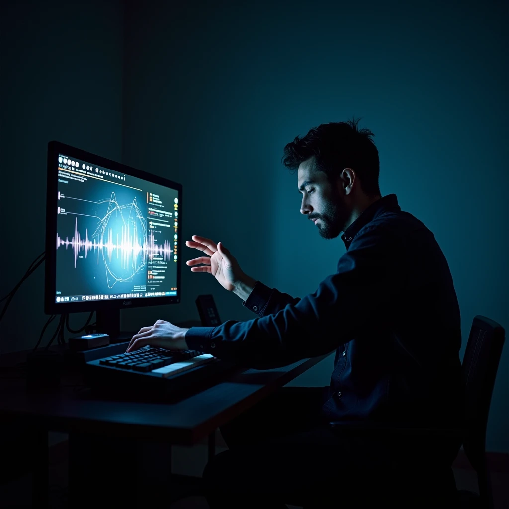 In a dark room、一peopleの男性がパソコンに向かい、Creating music with AI。The AI screen will display beats and melodies.々It is displayed as、The man beats out the rhythm to match it.。When the music is complete、The sound spreads from the speaker、people々reacted to the music and stood up、She starts shaking her body with an energetic expression.。
