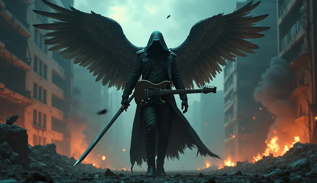 realisitic, 4K, A fallen angel with big wings, a sword, electric guitar in his hand, a hood over the head in the background image of a war in the city at night (haos)