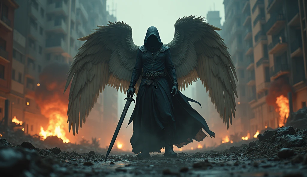 realisitic, 4K, A fallen angel with big wings, a sword, electric guitar in his hand, a hood over the head in the background image of a war in the city at night (haos)