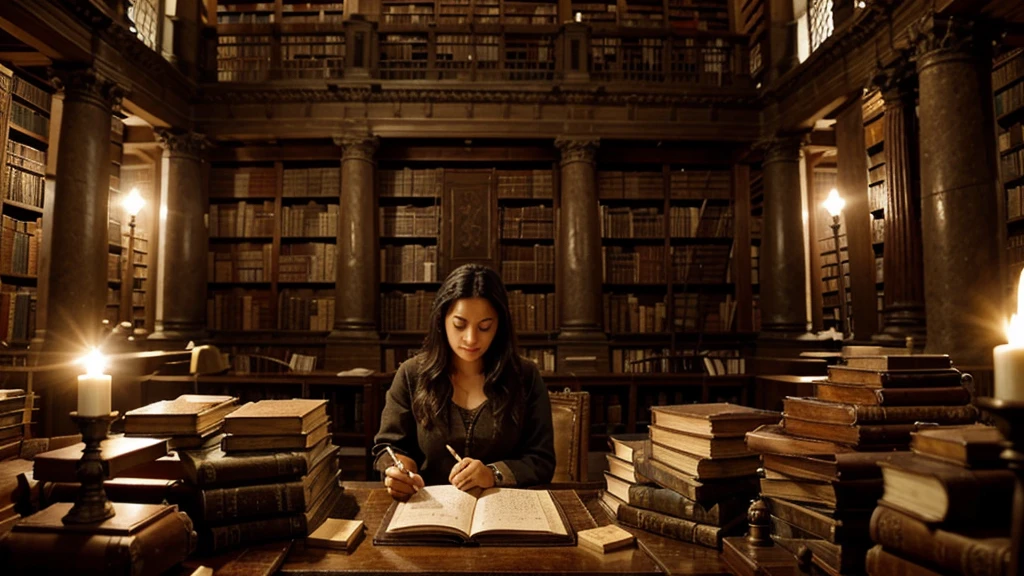 A very old huge library, containing thousands of books, stone decorations, oil lighting, a writer holding a pen and writing on old scrolls