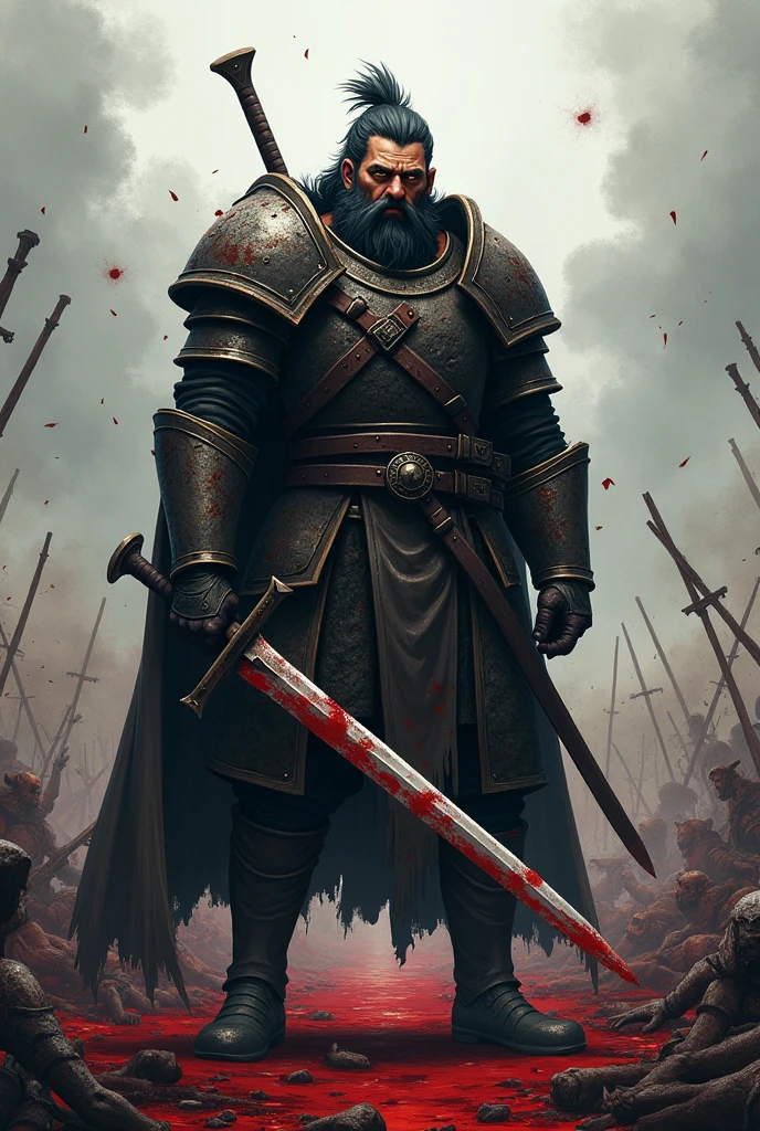 warrior, black & grey hair, short hairs, blackr Bart, brown eyes, in armor, hard eyes, hard face, bloody battlefield in the background, Anime Style