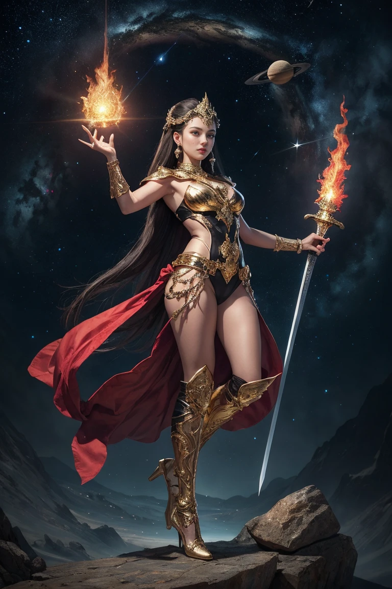 Highest quality, masterpiece, Realistic, High resolution, 8K RAW Photos, 1 person、Long Hair、goddess、Has a decorated sword、Raise your sword、((Glamour body:1.3))、(Red bodysuit with flame motif、Gold Edge)、Gold Pendant、Gold earrings、(((Action pose)))、(On a rock on a planet with solar system visible)、(Many protrusions floating in the starry sky１.2）