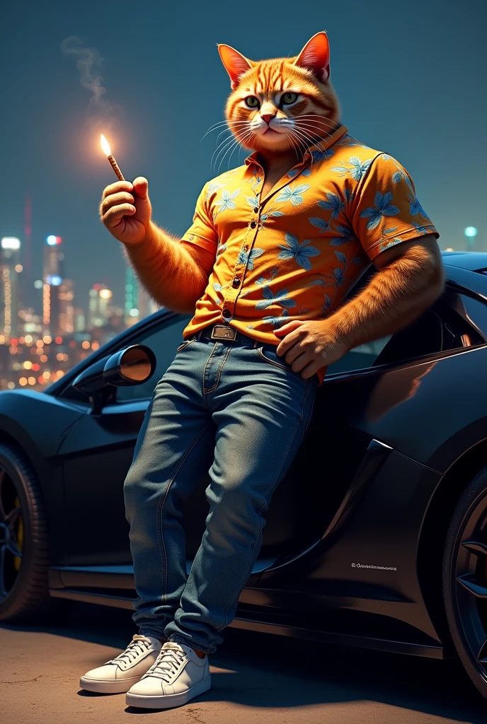 Un beau chat musclé, grand de taille, avec un jeans, des chaussures fermées blanche,un beau t-shirt Hawaïen, tenant une cigarette allumée à la main gauche, adossé à la portière d'une voiture de sport luxueuse noir , avec une vue magnifique d'une ville lumineuse  loin derrière le chat et sa voiture