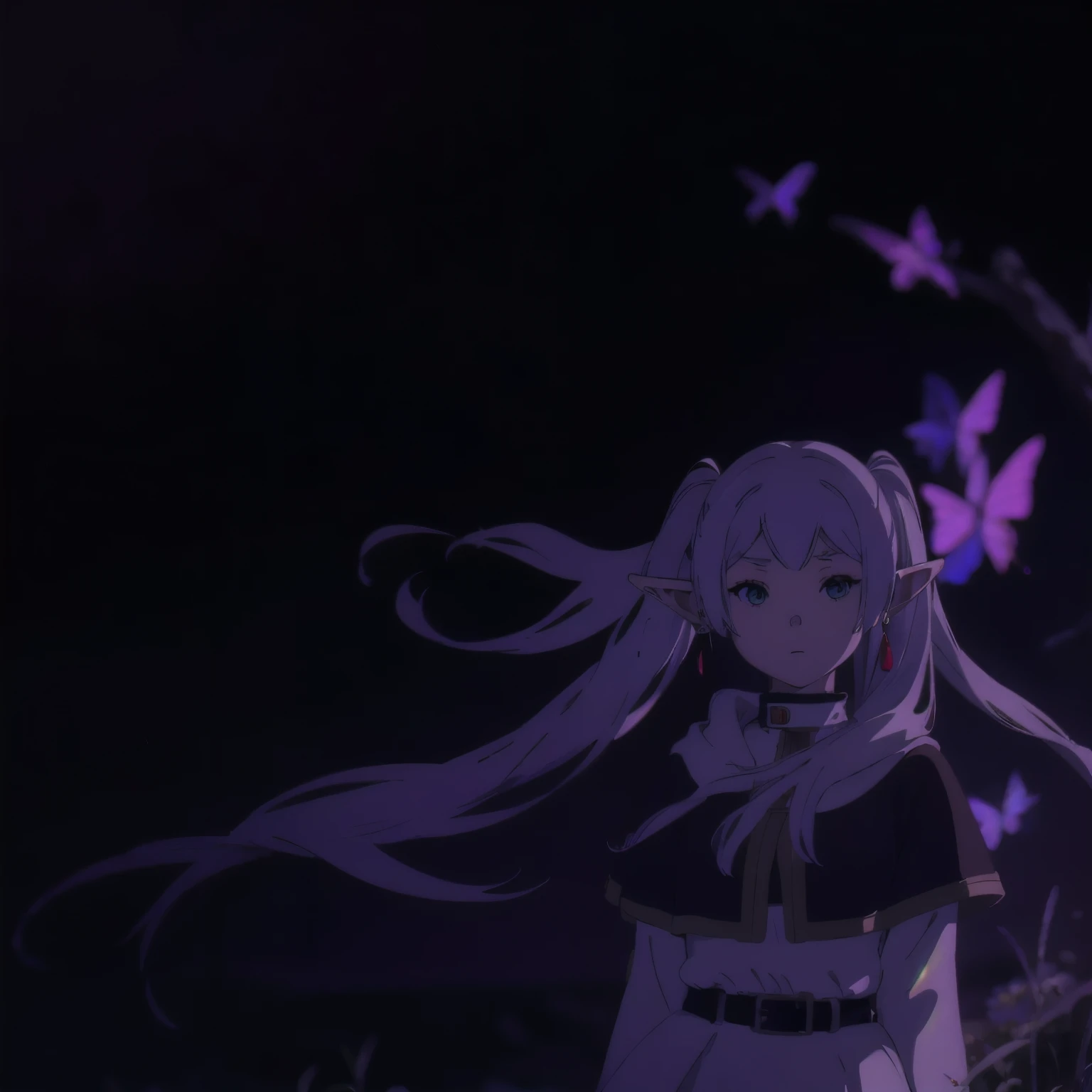 1girl, Frieren, (masterpiece:1.3), completely in the frame, sexy, (high resolution), (extremely detailed),perfect face, nice eyes and face, (best quality), (super detailed), detailed face and eyes, (solo), textured skin, absurdres, highres, wz_sousou_no_frieren_style, wz_sousou_no_frieren_style, twintails, very long hair, silver hair, pointy ears, elf, white capelet, green eyes, black pantyhose, earrings, white skirt, belt, white sleeves, pov, selfie, butterfly, grass, stone street
