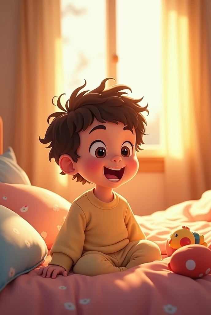 Create an animated image showing a three-year-old boy with dark brown curly hair as he wakes up
