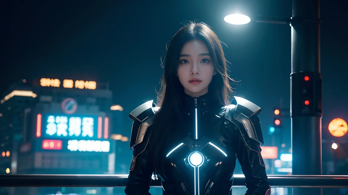 In a cyberpunk cityscape of futuristic technology and neon lights,People wearing black,Beautiful woman with perfect figure,Her face is even more perfect,Like a pure messenger from another world。her skin is white and transparent,eyes are big and bright,Shining with curiosity and wisdom,Her nose is delicate,Lips are soft and slightly open,Each smile seems to spread the light of life throughout this steel forest.。
Her face contrasts with her surroundings,She is like a light,Beyond the barriers of time and space,With a mysterious and pure mission,Appearing in this complex world。Even in a cyberpunk city filled with futuristic technology,Her beauty and perfection are still undiminished by prosperity,on the contrary, More visible,She charms everyone who passes by her。
She's part of the cyberpunk world,It seems like he keeps a certain distance from this world.,By her presence、This futuristic city will be filled with metal and electronics,Increased human warmth and innocent beauty。Her every move,Any expression,They are all、Quietly telling stories about the future、A story of hope and dreams。