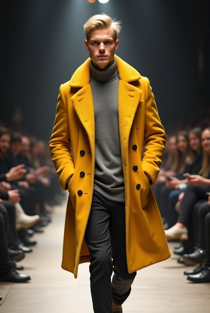 A fashion catwalk event. A model with blonde hair and a focused expression walks down the catwalk. He wears a bright yellow coat with a grey undershirt and black buttons.. The coat has a shawl collar and two pockets on the sides.. The background is slightly blurred, emphasizing the model, but we can see an audience sitting on both sides, watching the show.