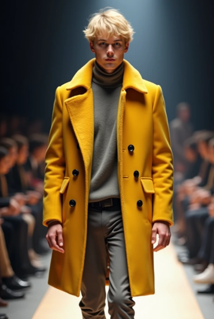 A fashion catwalk event. A model with blonde hair and a focused expression walks down the catwalk. He wears a bright yellow coat with a grey undershirt and black buttons.. The coat has a shawl collar and two pockets on the sides.. The background is slightly blurred, emphasizing the model, but we can see an audience sitting on both sides, watching the show.