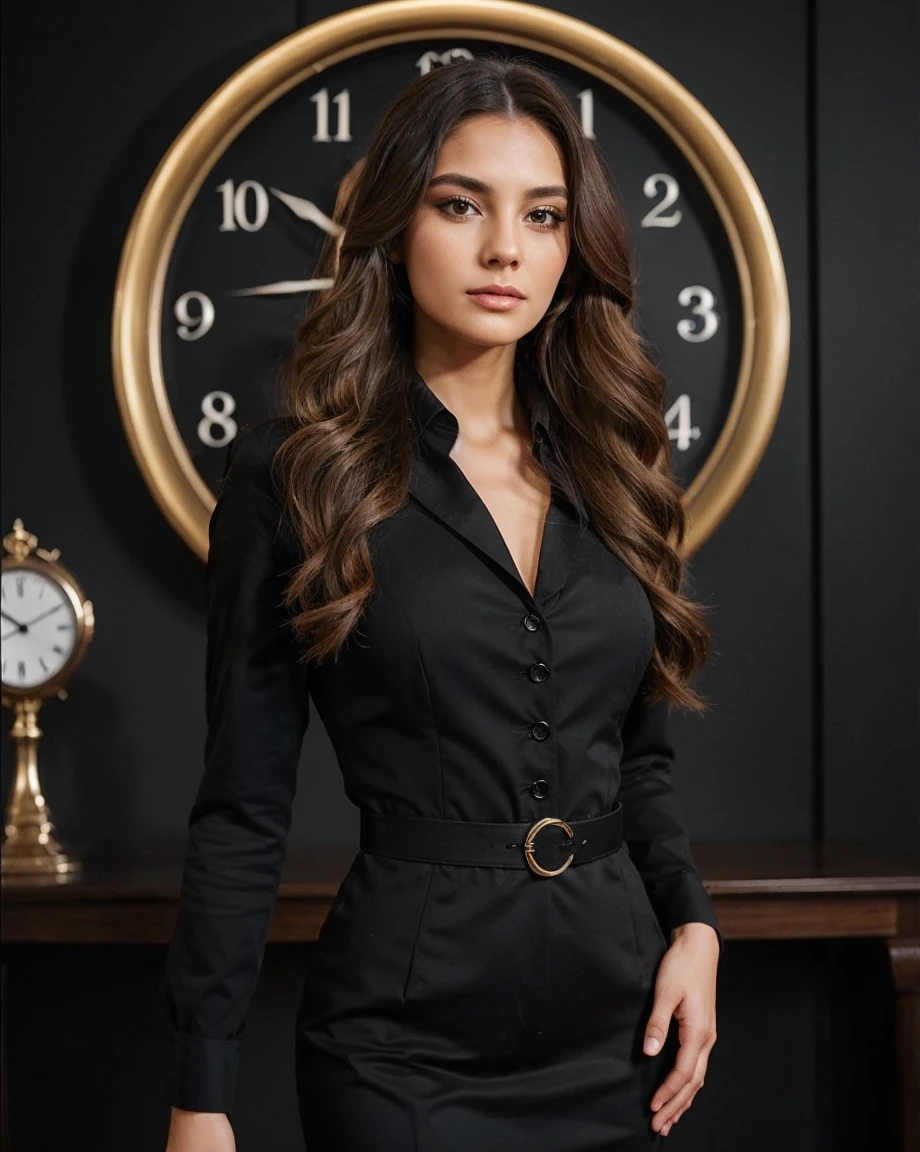 Create a woman with long hair, blackw, brown formal wear