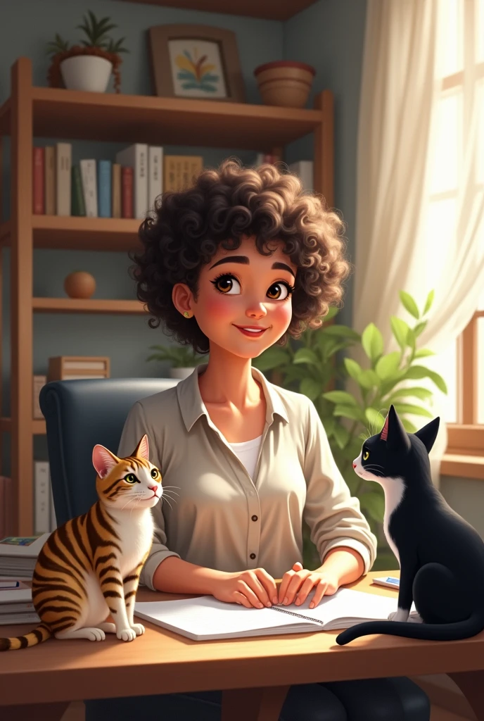 Create drawing of white woman with short curly hair, black in home office with a striped cat and another black and white