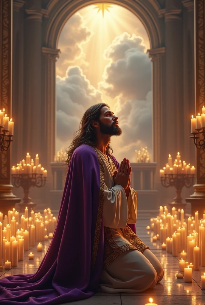 (photorealism:1.2), Crying handsomeJesus Christ, kneel praying under the altar of the priest that full of clouds and sorrounded of many candles, wearing purple king clothes with light in his head and heart spreading all over, perfect five finger, long beautiful hair, indoors, soft lighting, clouds in background, beautiful light, perfect church and clouds, relaxed pose, realistic, intricate details, warm colors,